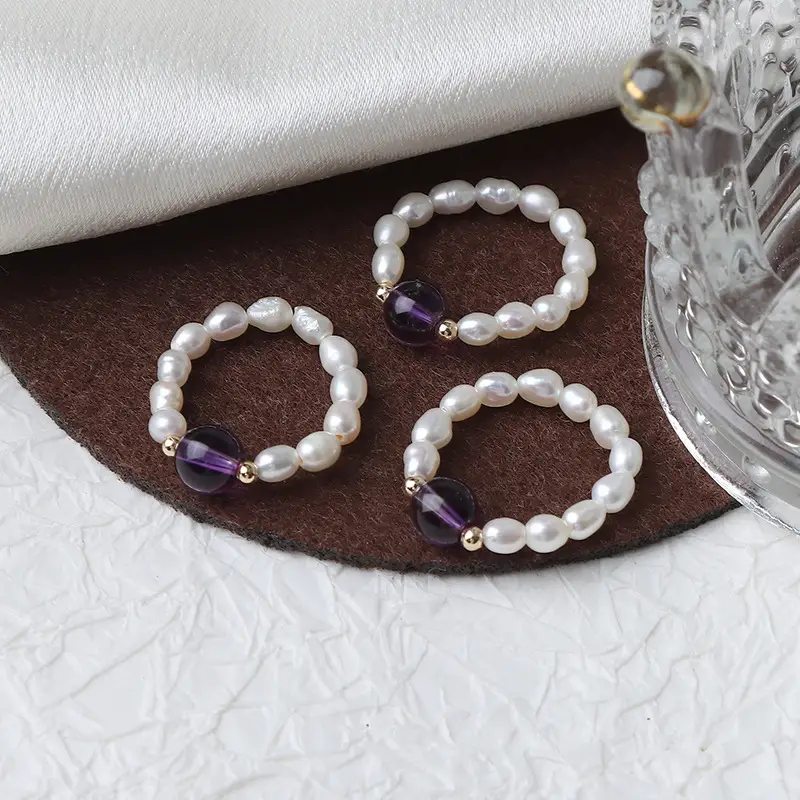 Amethyst Pearl Ring 14K Gold Filled Elastic One Size - Image 3