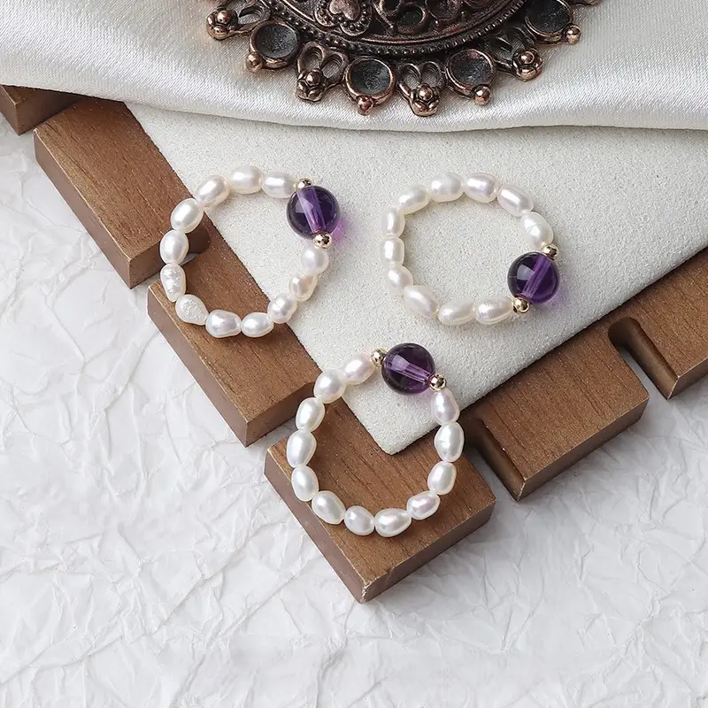 Amethyst Pearl Ring 14K Gold Filled Elastic One Size - Image 4