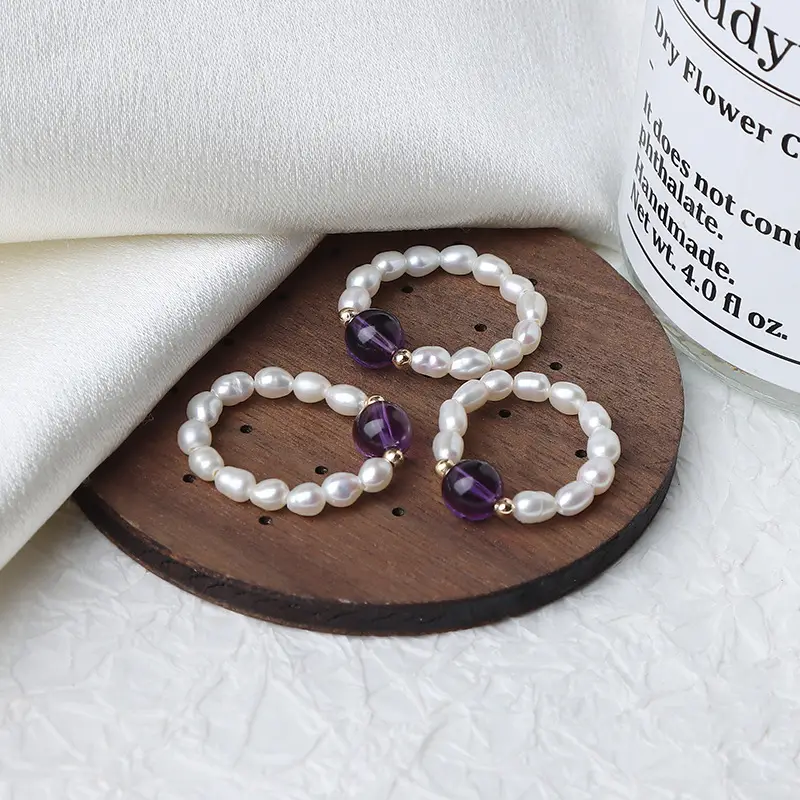 Amethyst Pearl Ring 14K Gold Filled Elastic One Size - Image 5