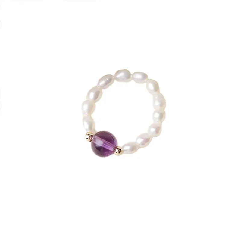 Amethyst Pearl Ring 14K Gold Filled Elastic One Size - Image 6