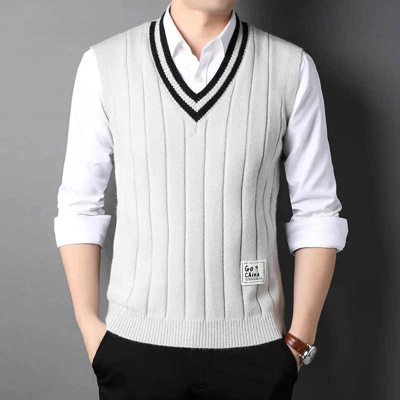Men's Sleeveless Knit Vest White V-Neck Winter Warm - Image 6
