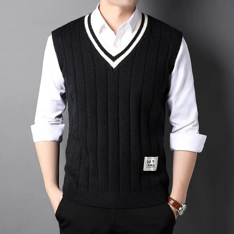 Men's Sleeveless Knit Vest White V-Neck Winter Warm - Image 8
