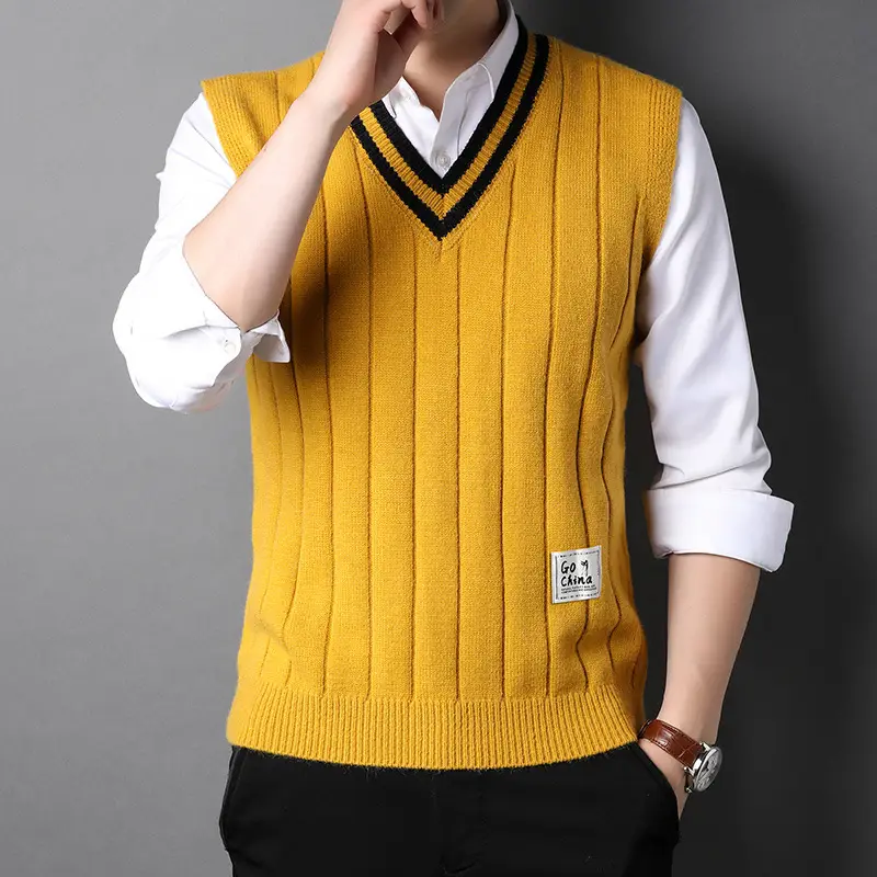 Men's Sleeveless Knit Vest White V-Neck Winter Warm - Image 2