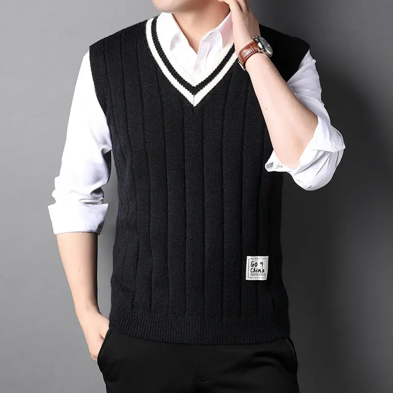 Men's Sleeveless Knit Vest White V-Neck Winter Warm - Image 3