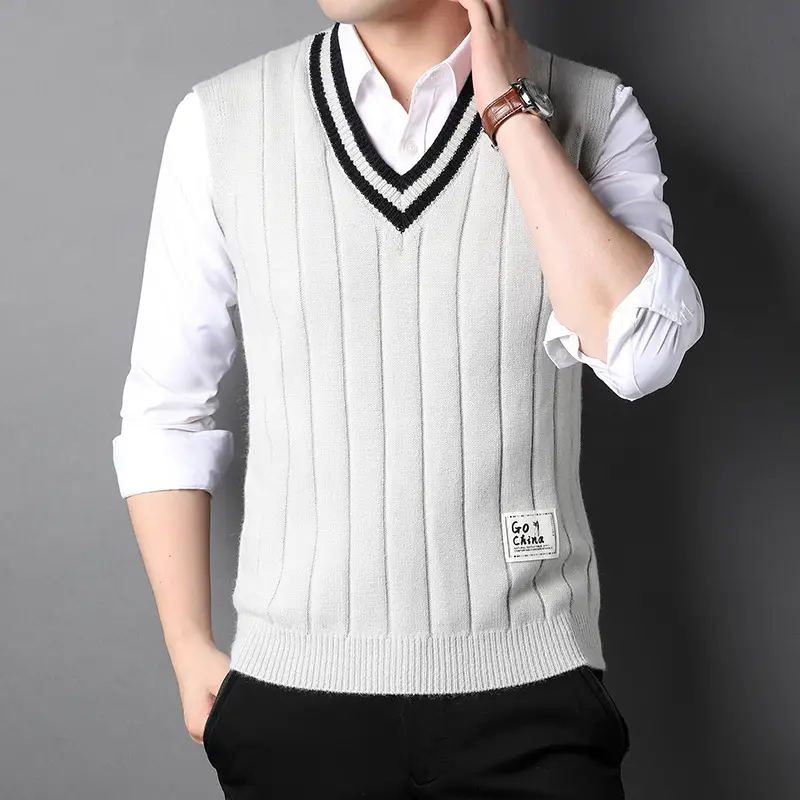 Men's Sleeveless Knit Vest White V-Neck Winter Warm - Image 4