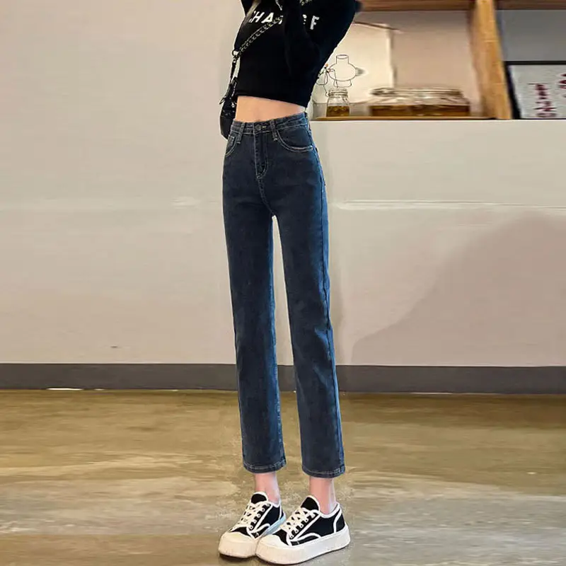 Women Cropped Straight Jeans High Waist Slim Fit - Image 6