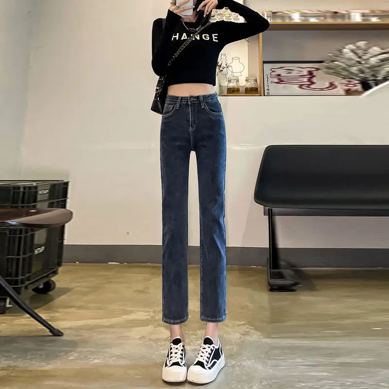 Women Cropped Straight Jeans High Waist Slim Fit - Image 7