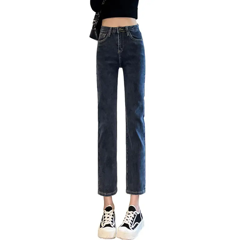 Women Cropped Straight Jeans High Waist Slim Fit - Image 8