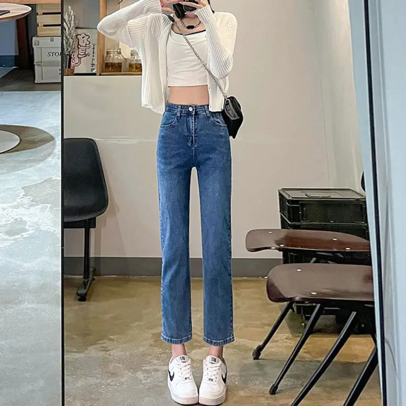 Women Cropped Straight Jeans High Waist Slim Fit - Image 2