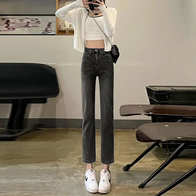 Women Cropped Straight Jeans High Waist Slim Fit - Image 3