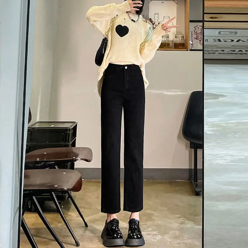 Women Cropped Straight Jeans High Waist Slim Fit - Image 4