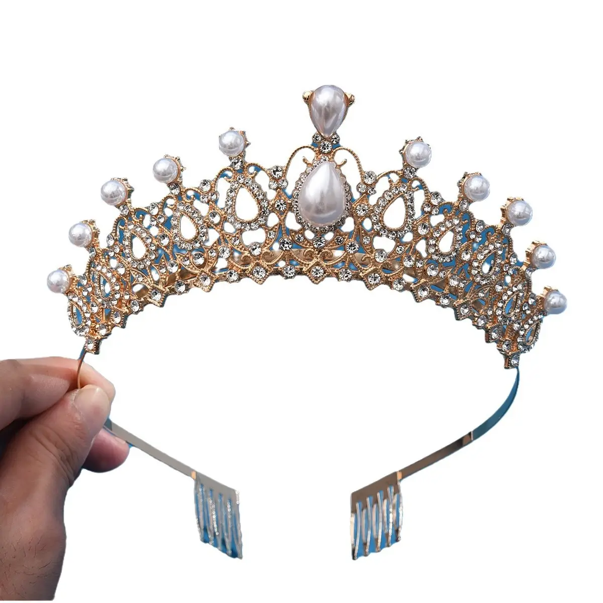 European Bridal Diamond Crown Headband with Pearl Accents