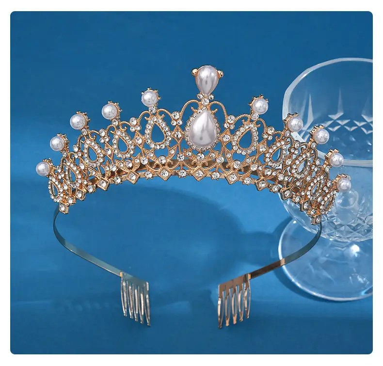 European Bridal Diamond Crown Headband with Pearl Accents — feature 11