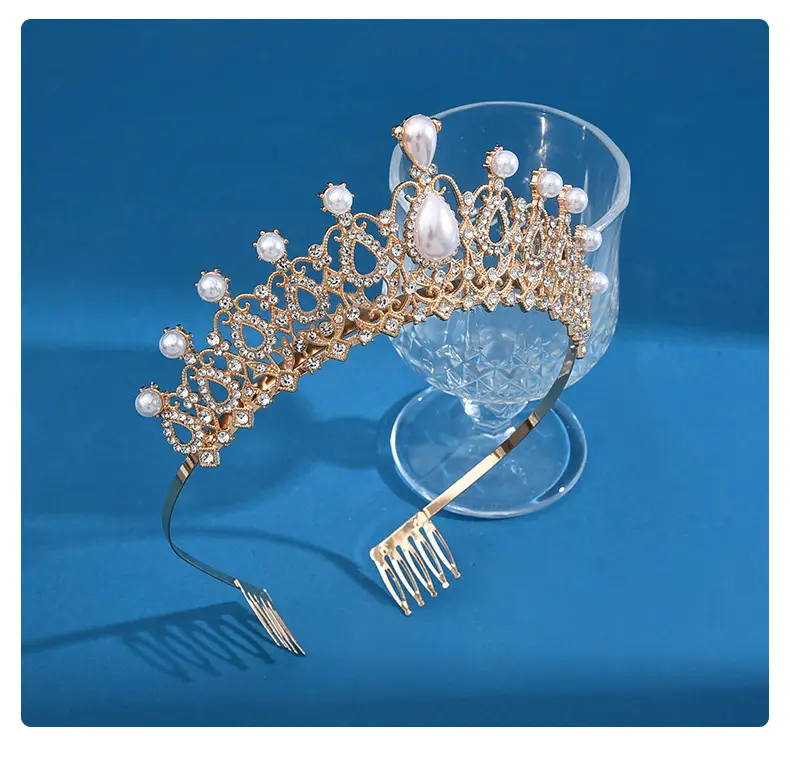 European Bridal Diamond Crown Headband with Pearl Accents — feature 12