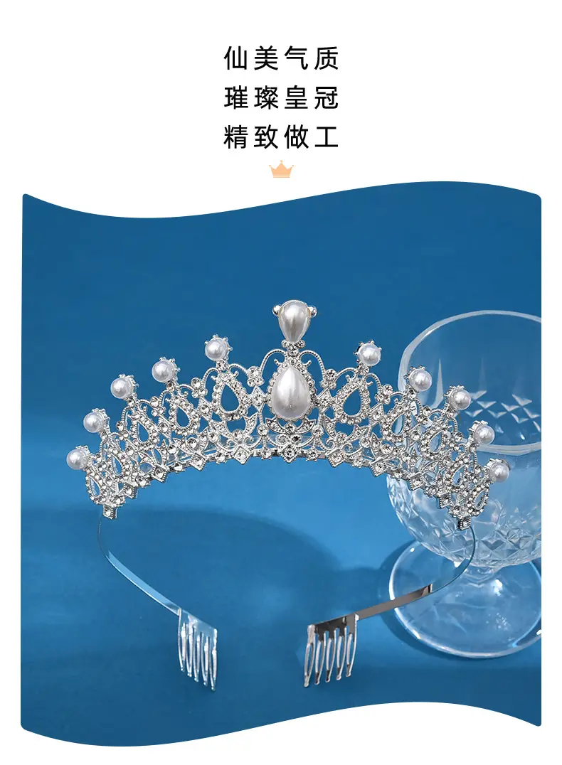 European Bridal Diamond Crown Headband with Pearl Accents — feature 2