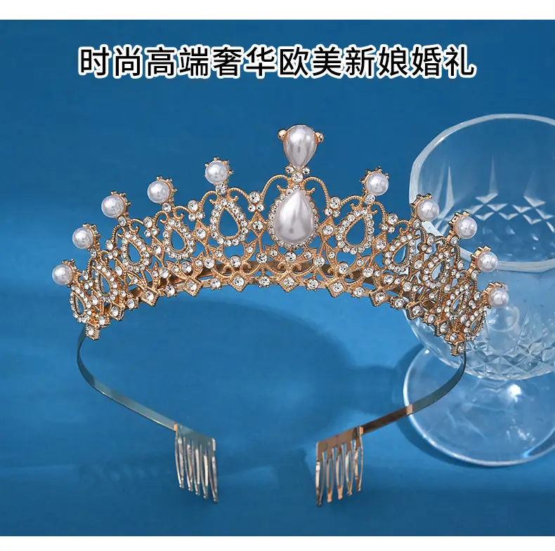 European Bridal Diamond Crown Headband with Pearl Accents — feature 5