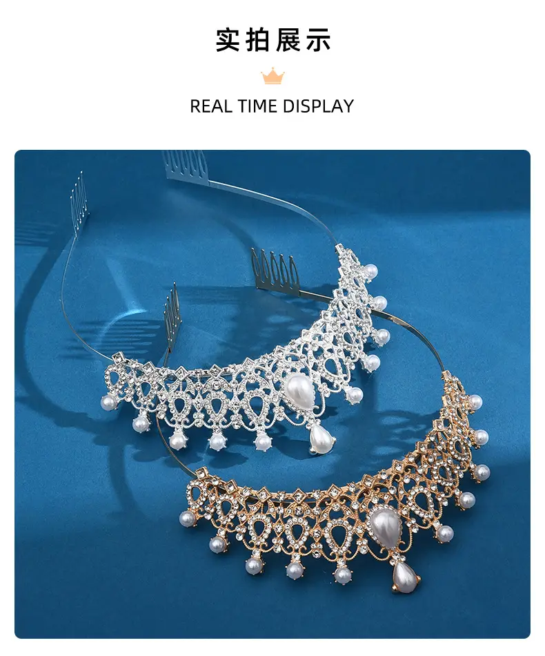 European Bridal Diamond Crown Headband with Pearl Accents — feature 9
