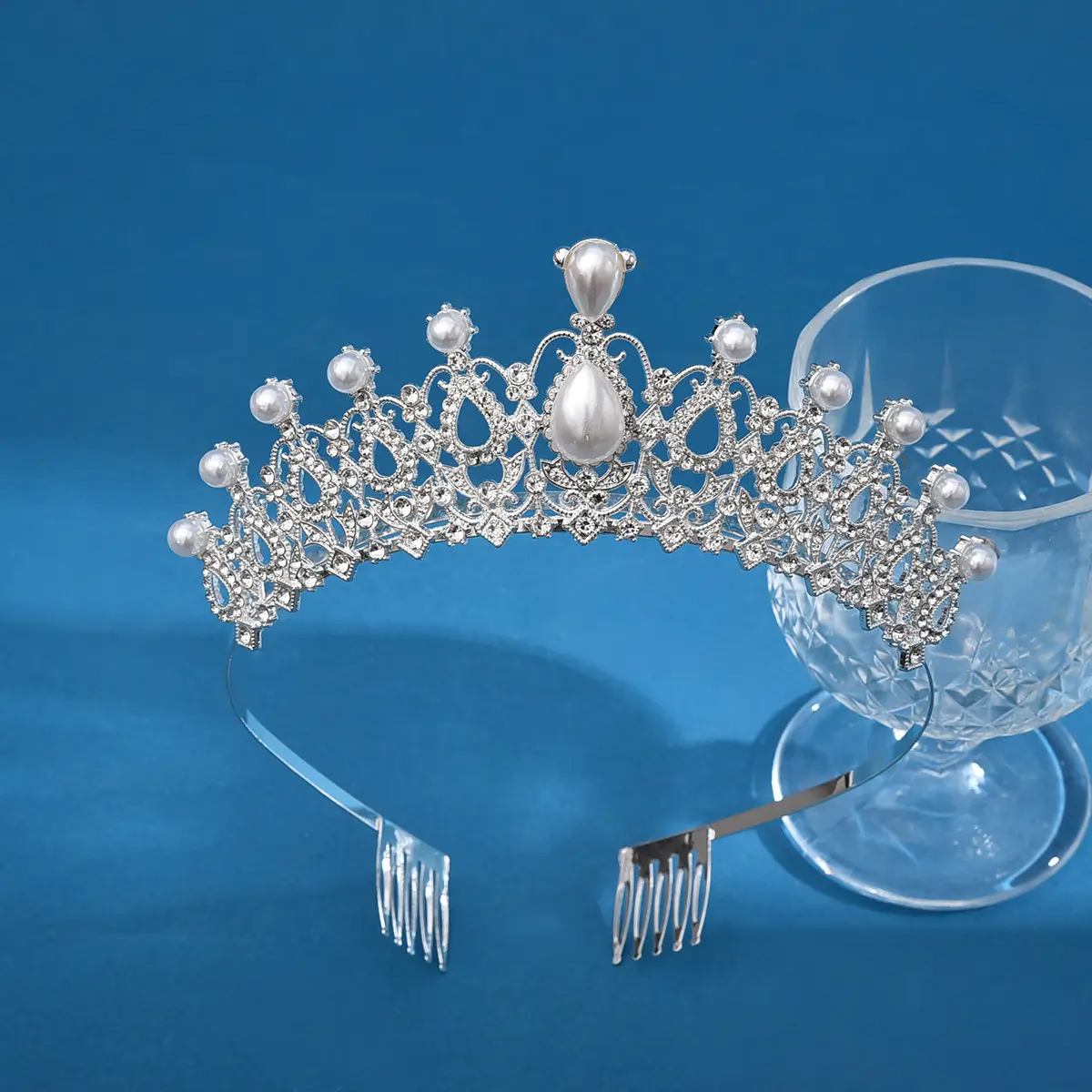 European Bridal Diamond Crown Headband with Pearl Accents