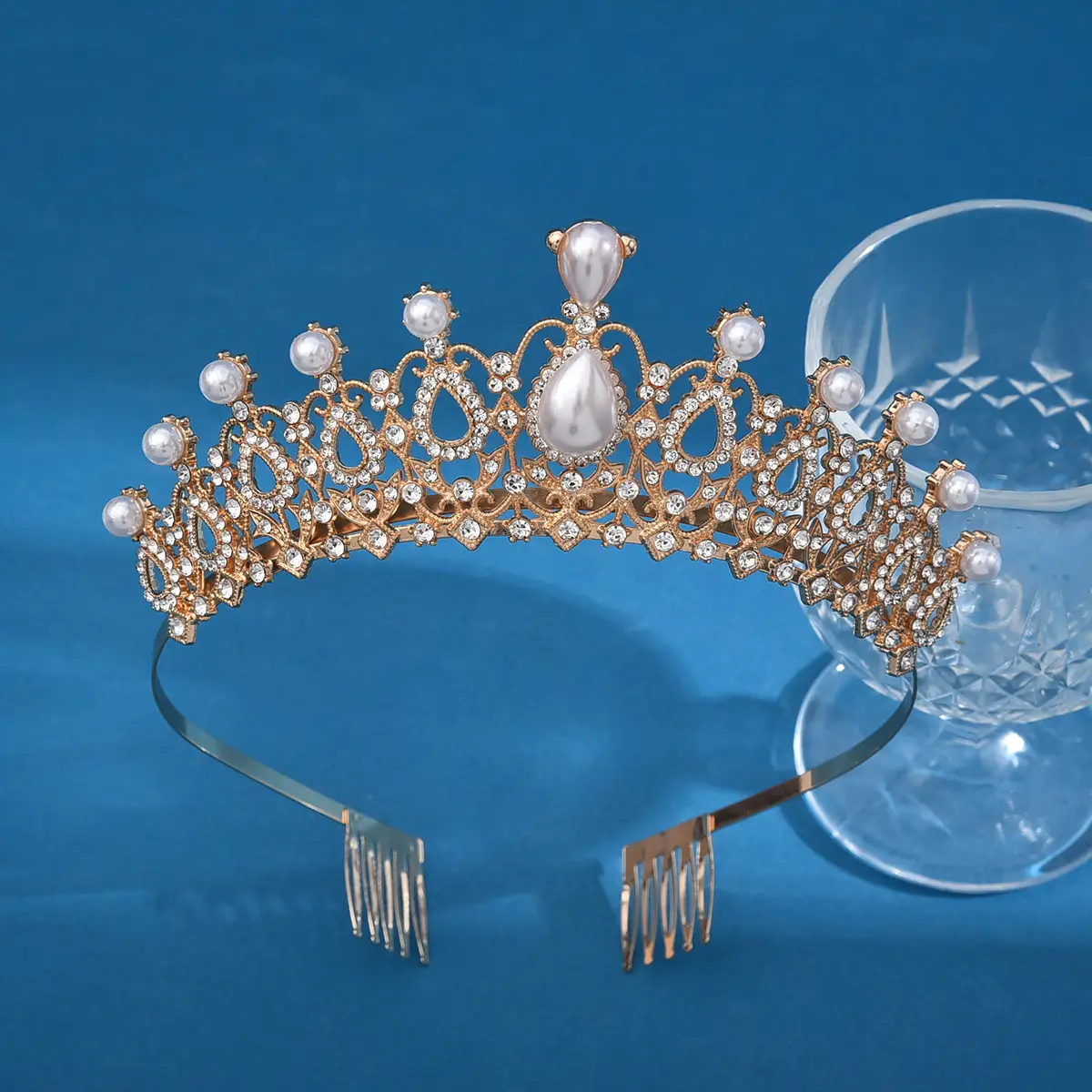 European Bridal Diamond Crown Headband with Pearl Accents