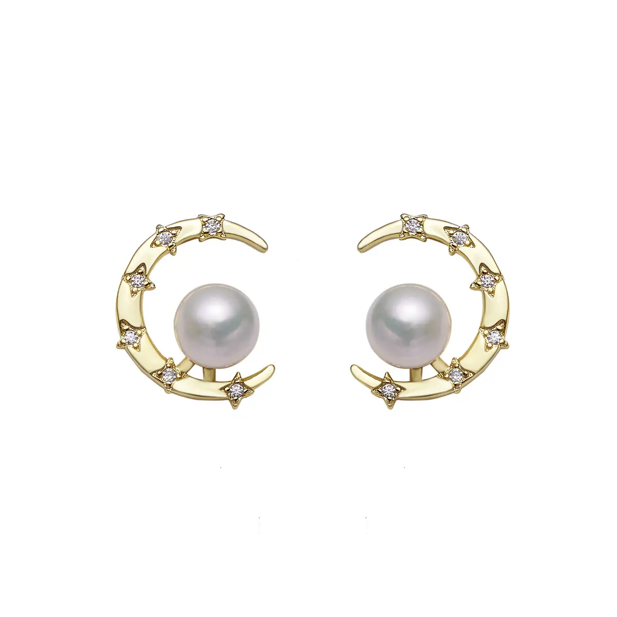 Crescent Pearl Moon Earrings 18K Gold