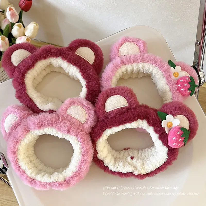 Plush Strawberry Bear Face Washing Headband for Women - Image 14