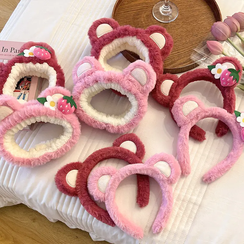 Plush Strawberry Bear Face Washing Headband for Women - Image 16