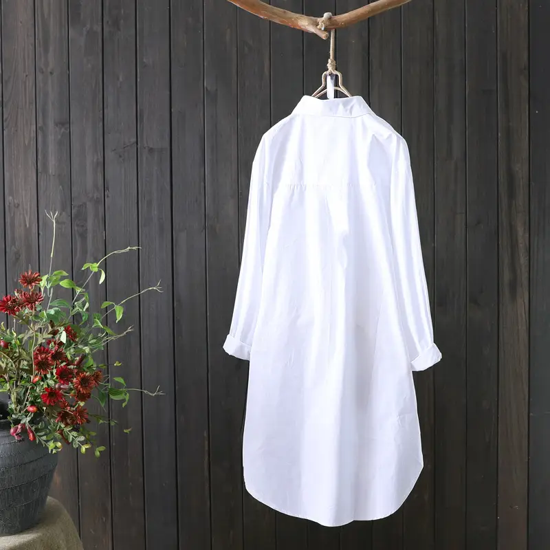 White Long Sleeve Embroidered Shirt Women's Mid-Length Loose Fit - Image 12