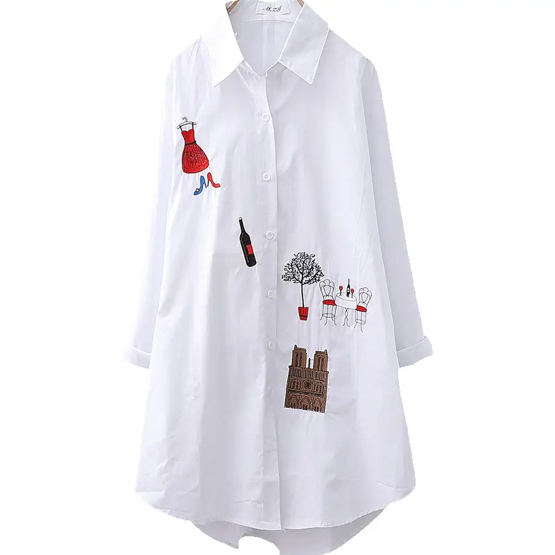 White Long Sleeve Embroidered Shirt Women's Mid-Length Loose Fit - Image 13