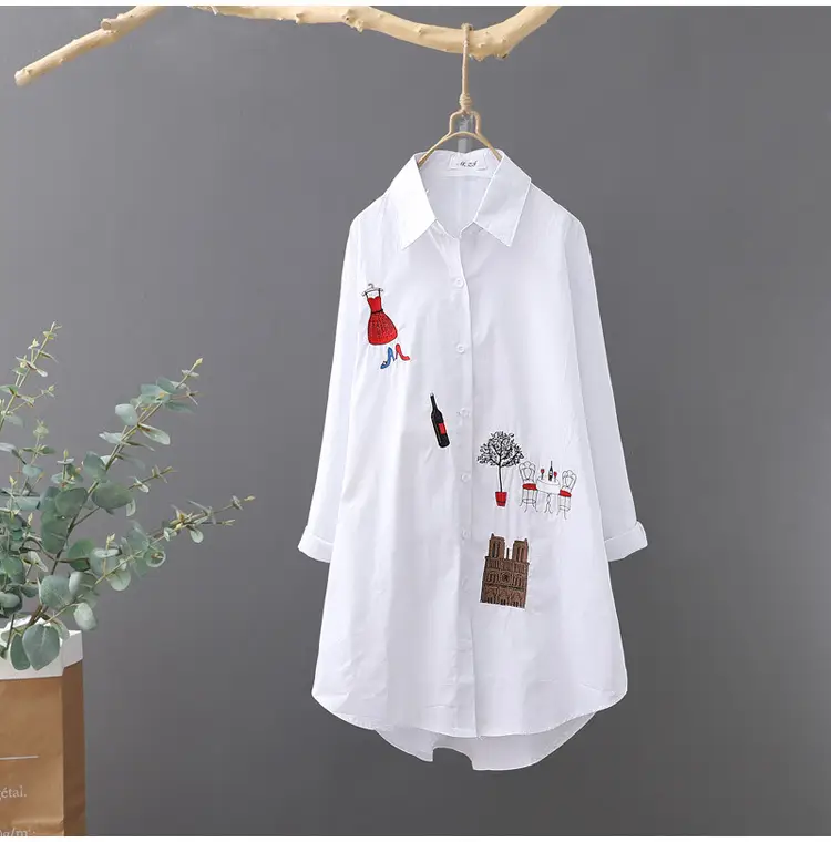 White Long Sleeve Embroidered Shirt Women's Mid-Length Loose Fit — feature 14