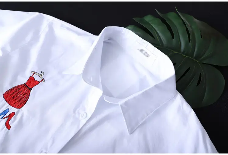 White Long Sleeve Embroidered Shirt Women's Mid-Length Loose Fit — feature 16