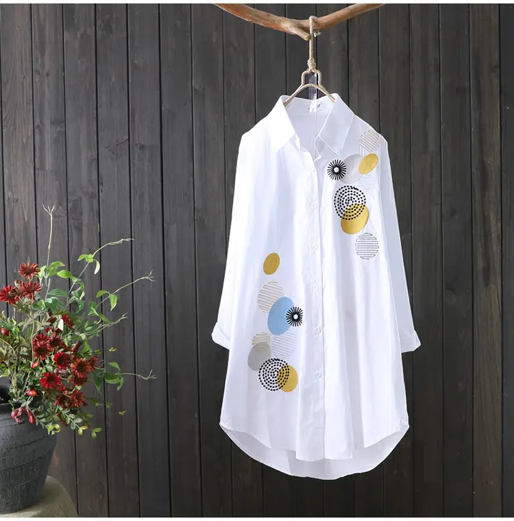 White Long Sleeve Embroidered Shirt Women's Mid-Length Loose Fit — feature 4