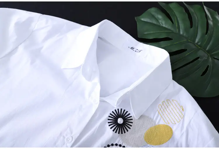 White Long Sleeve Embroidered Shirt Women's Mid-Length Loose Fit — feature 7