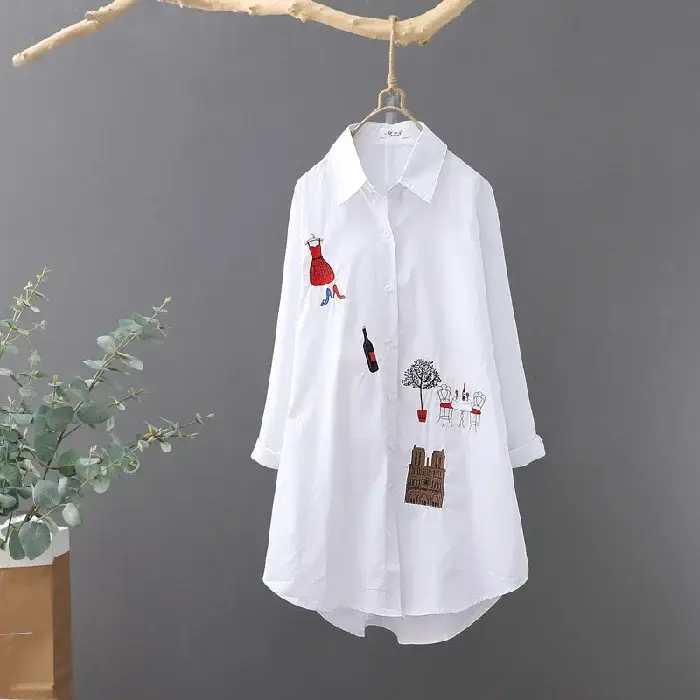 White Long Sleeve Embroidered Shirt Women's Mid-Length Loose Fit - Image 2