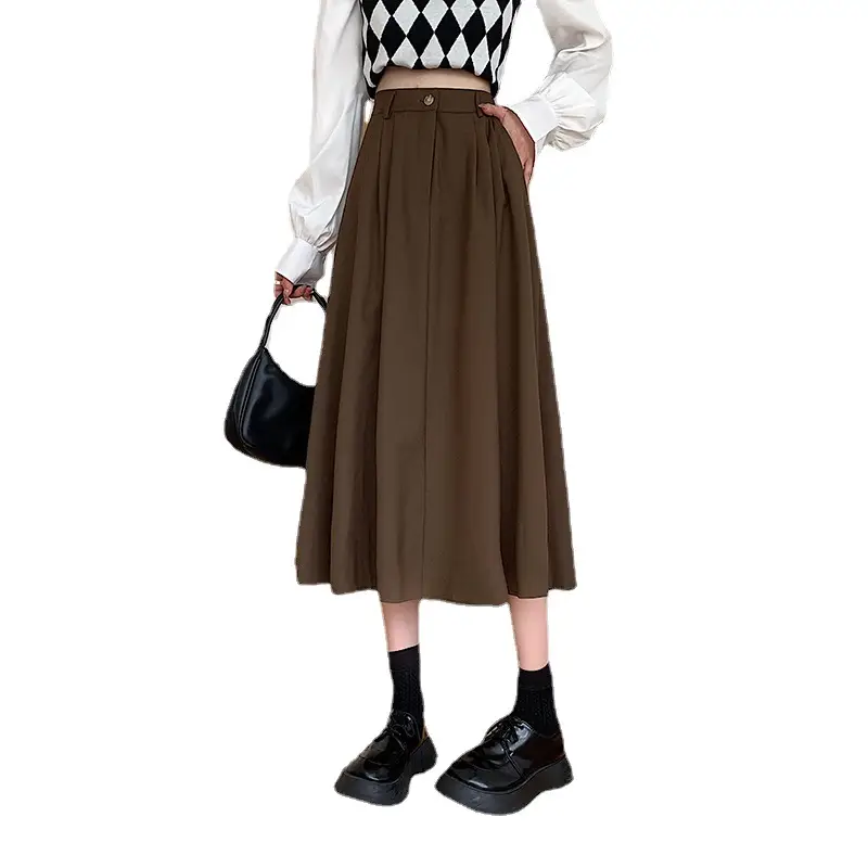 Vintage High-Waisted Skirt Women Brown Mid-Length 2025 - Image 9