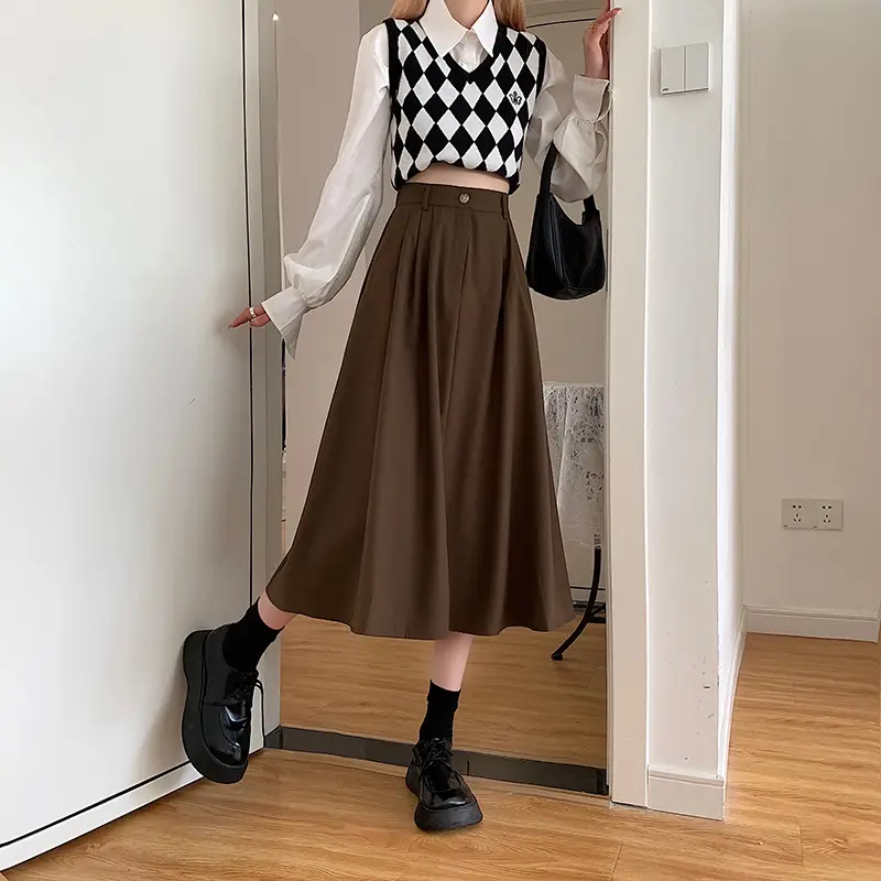 Vintage High-Waisted Skirt Women Brown Mid-Length 2025 — feature 16