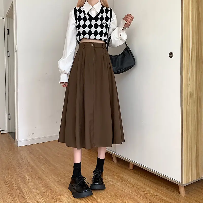 Vintage High-Waisted Skirt Women Brown Mid-Length 2025 — feature 18
