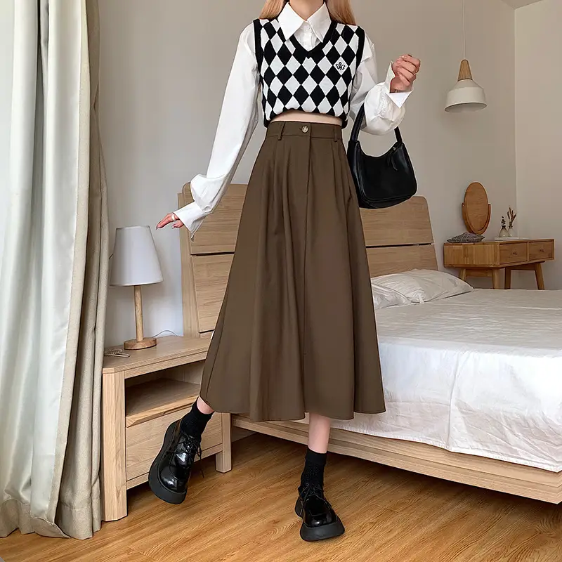 Vintage High-Waisted Skirt Women Brown Mid-Length 2025 — feature 19