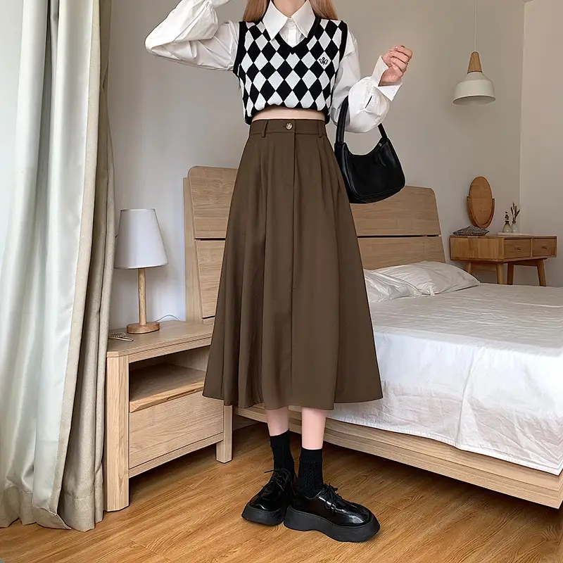Vintage High-Waisted Skirt Women Brown Mid-Length 2025 — feature 21