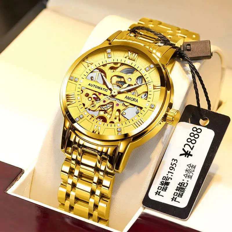 Men's Gold Skeleton Mechanical Watch with Stainless Steel Belt - Image 5