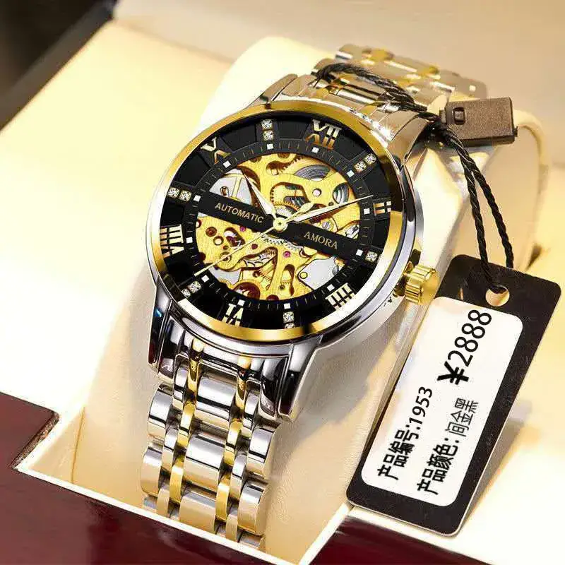 Men's Gold Skeleton Mechanical Watch with Stainless Steel Belt - Image 6