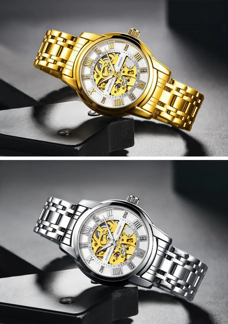 Men's Gold Skeleton Mechanical Watch with Stainless Steel Belt — feature 14