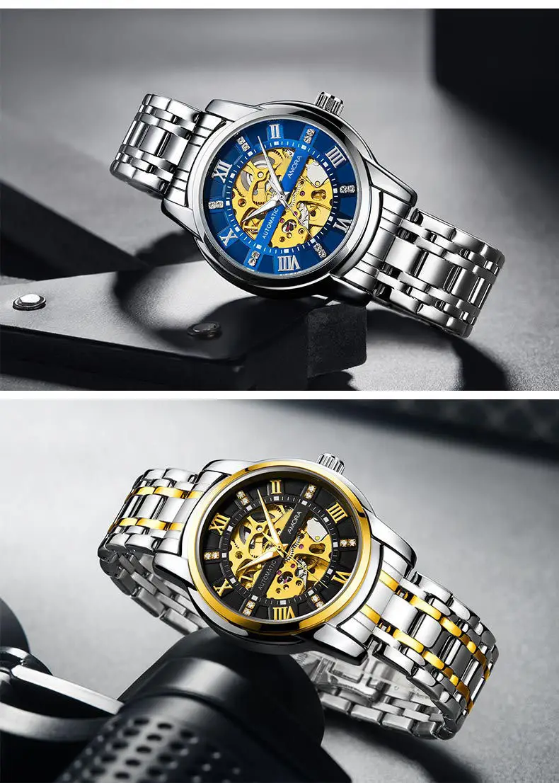 Men's Gold Skeleton Mechanical Watch with Stainless Steel Belt — feature 17