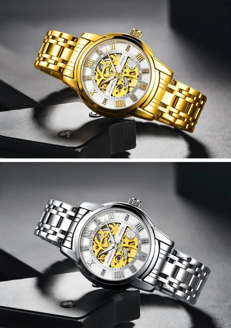 Men's Gold Skeleton Mechanical Watch with Stainless Steel Belt — feature 18
