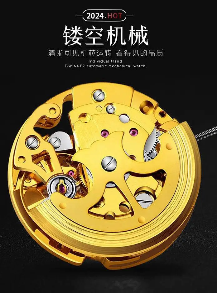 Men's Gold Skeleton Mechanical Watch with Stainless Steel Belt — feature 4