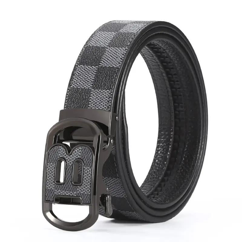 New Letter Men's Black Leather Belt with Gold Buckle