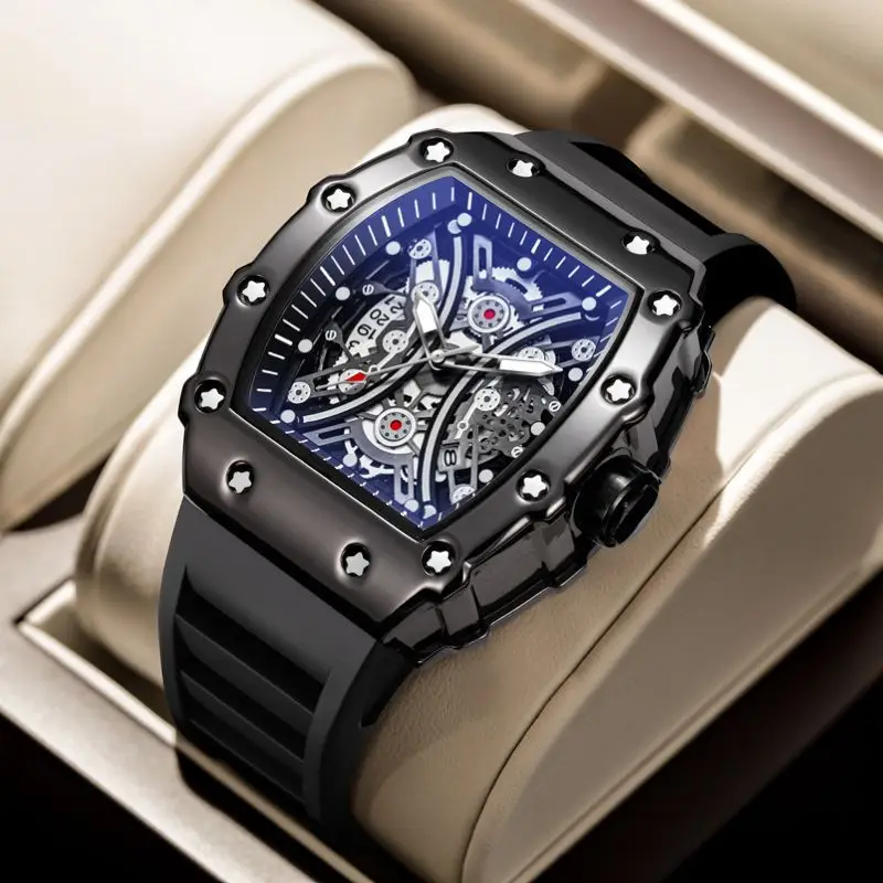 Men's Rose Gold Skeleton Watch with Black Silicone Band - Image 6