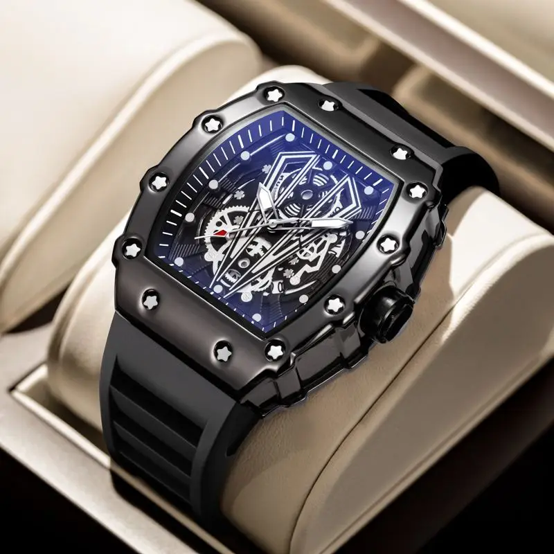 Men's Rose Gold Skeleton Watch with Black Silicone Band - Image 3