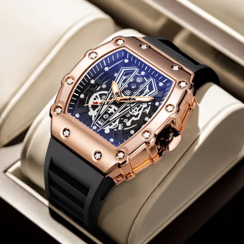Men's Rose Gold Skeleton Watch with Black Silicone Band - Image 4
