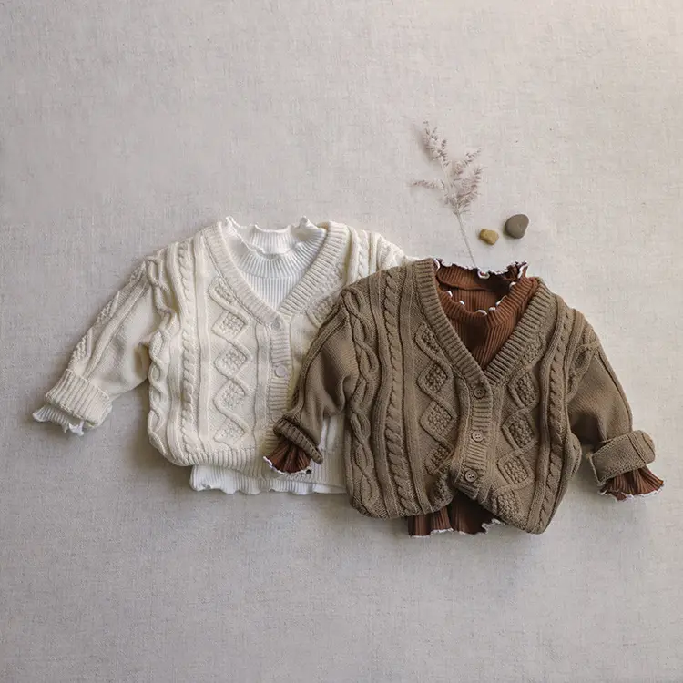 2026 Spring Baby Cable Knit Cardigan Coat Beige