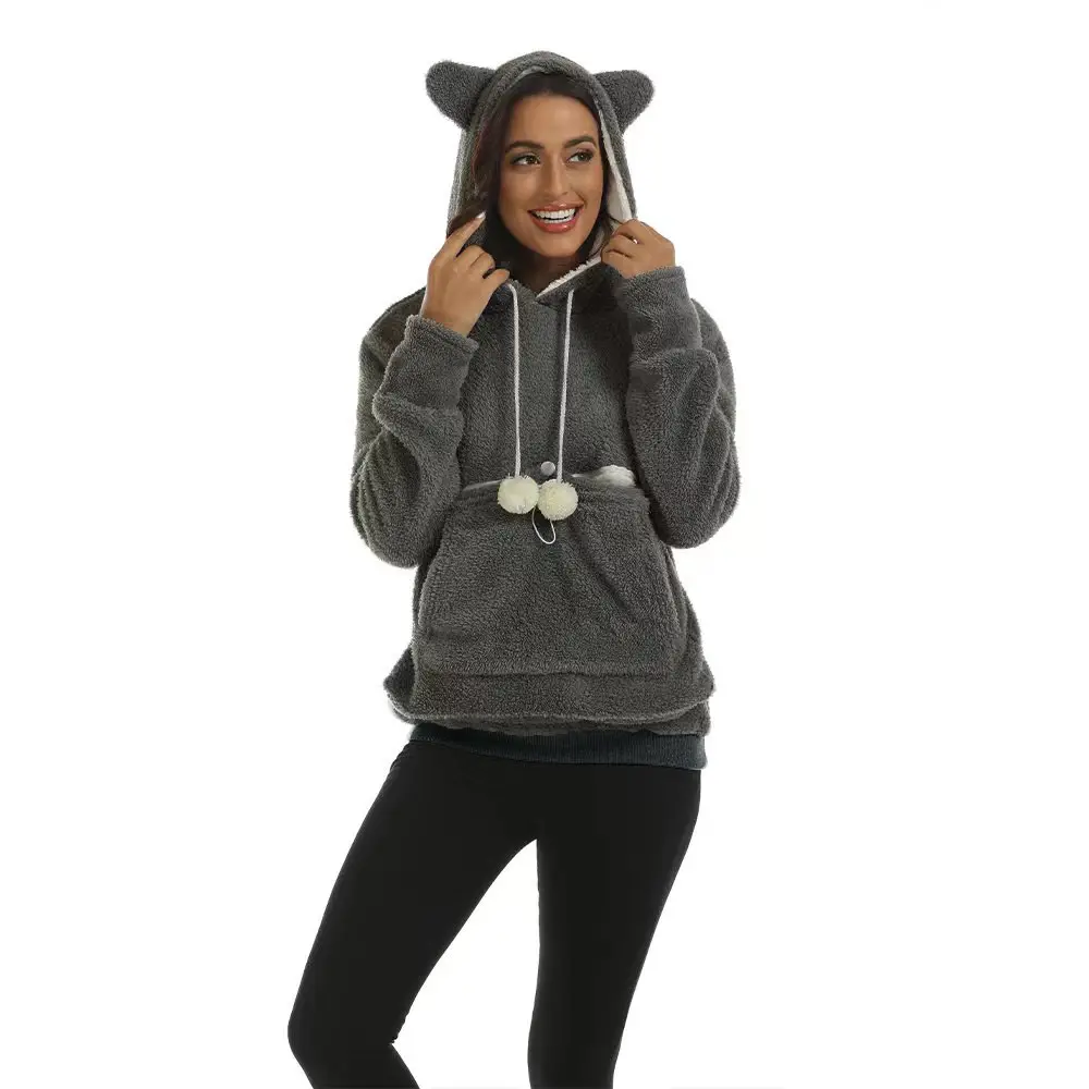 Gray Fleece Hooded Sweatshirt with Large Pocket - Image 3